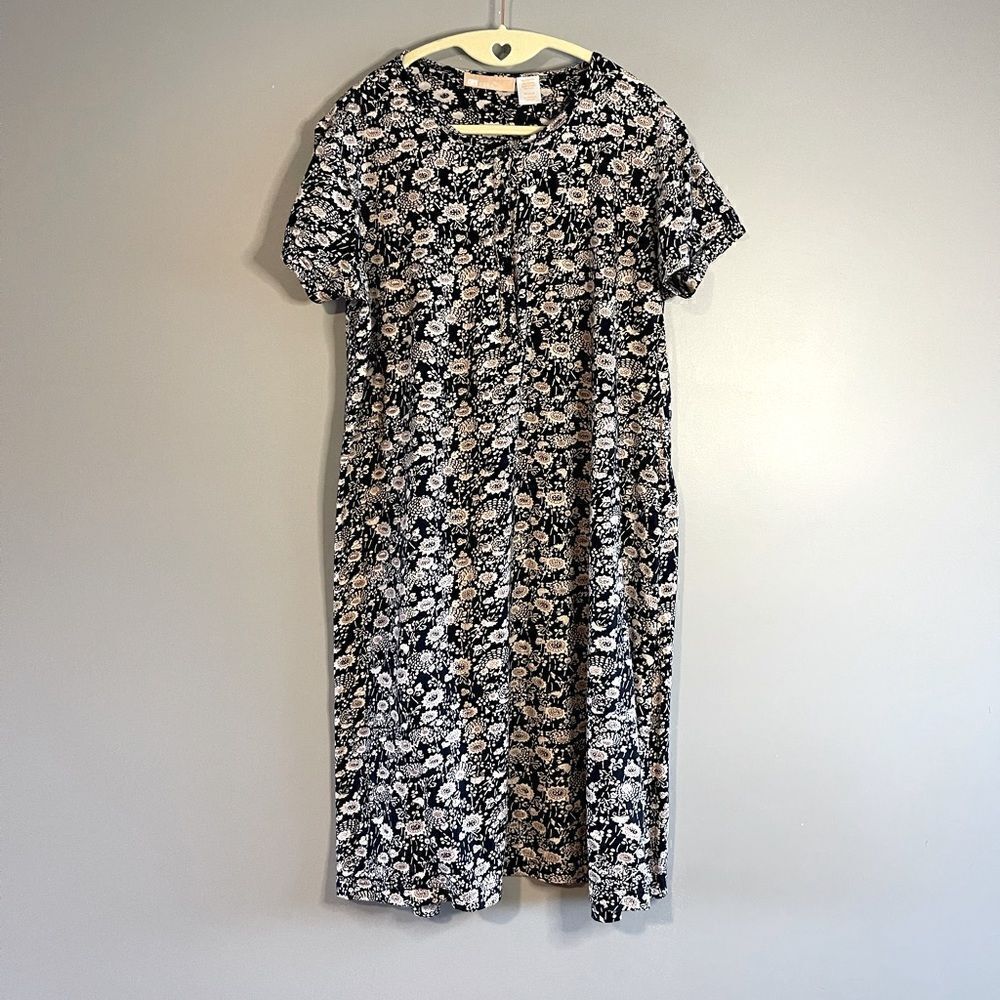 LA Cera Navy Cream Floral Short Sleeve T-Shirt Henley Dress | SZ M